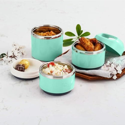 Lille Home Stackable Stainless Steel Thermal Compartment Lunch/Snack Box, 3-Tier Insulated Bento/Food Container with Lunch Bag, Utensils Set and Three Extra Seals, 43OZ (Green with Utensils) - color: Green with Utensils