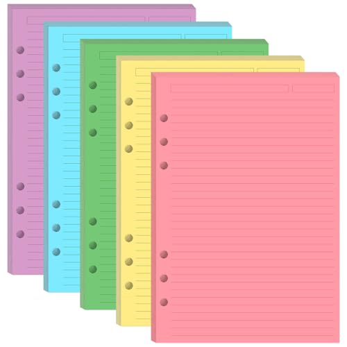6-Hole Paper Refills for A5 Binders - 5 Colorful Line Paper, 100 Sheets/200 Pages Loose Leaf Papers for Filofax Planner, Per Color 20 Sheets, 5.8" x 8.25" - size: 100 Sheets, style: 6-Hole