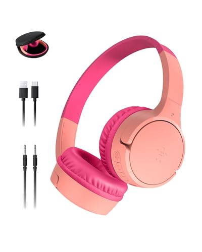 Belkin SoundForm Mini w/Case - Wireless Bluetooth Kids Headphones with 30H Battery Life, 85dB Safe Volume Limit, Built-in Microphone - Kids On-Ear Earphones for iPhone, iPad, & More - Pink - color: Pink, style: Wireless (USB-C) + Case