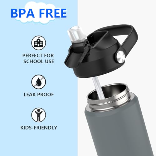 Kids Water Bottle with Straw,18 oz Boys Insulated Cups with Stainless Steel Leak Proof for School Boys Girls,Sport&Travel（Grey） - color: B17.Grey