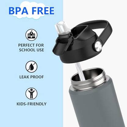 Kids Water Bottle with Straw,18 oz Boys Insulated Cups with Stainless Steel Leak Proof for School Boys Girls,Sport&Travel（Grey） - color: B17.Grey