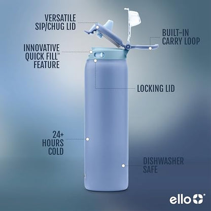 Ello Pop & Fill Insulated Stainless Steel Water Bottle with Quick Fill Lid, Leakproof Locking, Sip or Chug Spout, BPA-Free, Double Wall Vacuum Insulated for Sports, Travel & School- 22oz / 32oz / 40oz - color: Raincloud, style: 22oz