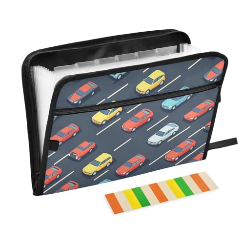 Road Cars File Folders, Plastic Folders with 13 Pockets,Expandable File Folder for Documents School Students Office, Aesthetic Folder with Labels A4 Letter Size - color: Multicolor 45