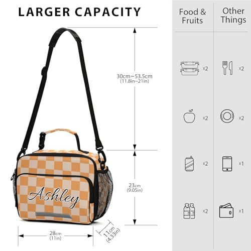 Custom Student Lunch Bag for Boys Girls Orange Checkerboard Personalized Lunch Box With Name Insulated Cooler Bag for School Picnic Travel - color: Multi11