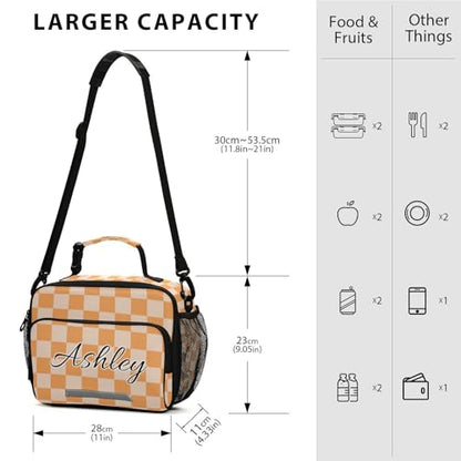 Custom Student Lunch Bag for Boys Girls Orange Checkerboard Personalized Lunch Box With Name Insulated Cooler Bag for School Picnic Travel - color: Multi11