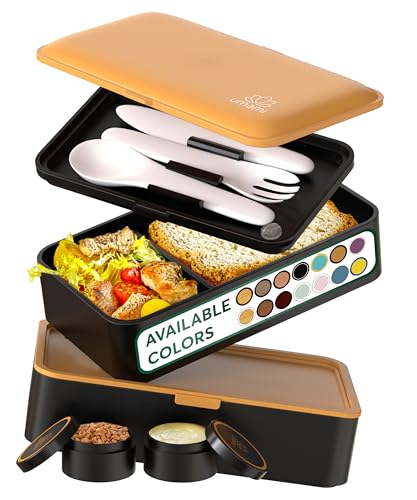 Umami Bento Box Adult All-in-1 w/ 4 Utensils, 100% Leakproof, Dishwasher & Microwave Safe Lunch Containers for Adults w/ 4 Compartments, Black & Gold, 40 oz - color: Black & Gold, size: M - 40 oz