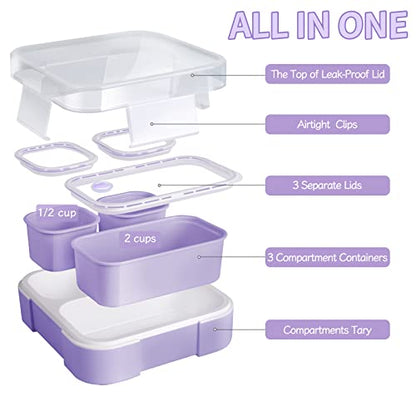 Genteen Small Kids Snack Containers for School 3 Compartment Travel Snack Containers with Dividers Portion Control Lunch box for Kids with Leak-proof Lids BPA Free (Purple + Blue) - color: 2P-Purple + Blue