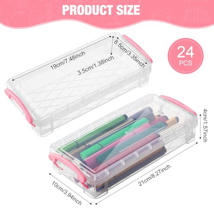 Gueevin 24 Pcs Large Capacity Plastic Pencil Box Clear Plastic Pencil Case Crayon Box with Snap Tight Lid Watercolor Pen Storage Brush Organizer Drawing Tools Container (Pink) - color: Pink