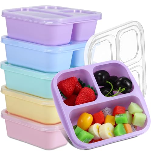 Honeydak 5 Pack Snack Containers 3 Compartment Bento Snack Boxes Divided Meal Prep Containers with Lids Reusable Adults Lunch Food Storage Box for School Work Travel(Candy Color) - color: Candy Color