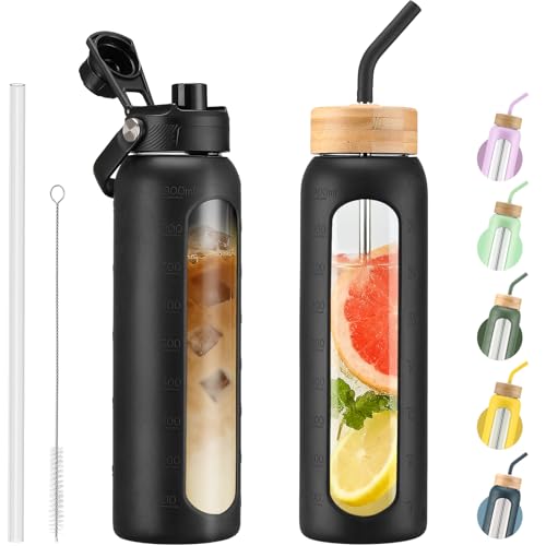 Kodrine 32 oz Glass Water Bottle with Straw & Spout Lids, Motivational Time Marker, Borosilicate Glass Bottle with Silicone Sleeve, Leakproof, Wide Mouth, BPA-Free for Gym, Fitness & Travel-Black - color: Black, size: 32 Ounces