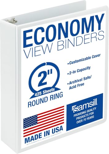 Samsill 2 Inch 3 Ring Binder, Made in USA, Economy Round Ring, Clear View Cover, 425 Sheet Capacity - for School, Home, Office - White (Pack of 12) - size: 12-Pack