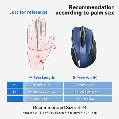 TECKNET Wireless Mouse, BT 5.0/2.4G, Rechargeable 6-DPI Silent, Blue | Bluetooth 5.0/3.0 & USB A, 2-Device Easy Switch, Wide OS Compatible, 6 Buttons, 6-DPI up to 4800, Ergonomic for S to M Hands - color: Blue