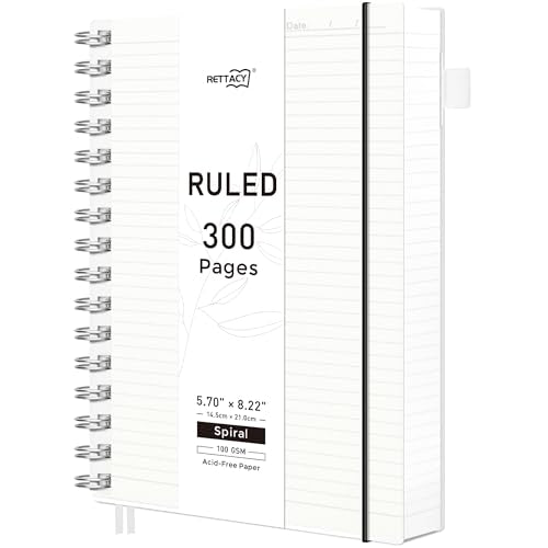RETTACY Spiral College Ruled Notebook, 300 Pages, A5 Medium Size (5.7" x 8.2"), for School, Work, Writing, Journaling, 100 GSM Thick Paper, Flexible Plastic Cover (Transparent) - color: Transparent, size: 5.7" x 8.2"