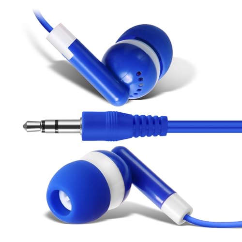 Keewonda 12 Pack Bulk Wired Earbud Headphones for Kids - Individually Wrapped, Blue, 3.5mm Jack, 4ft Cord, Classroom School Supplies for Students, Chromebook, Tablet, Laptop