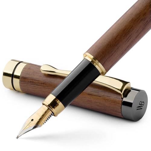 Wordsworth & Black Bamboo Wood Fountain Pen Set for Writing, Medium Nib | Brown Wood, Gift for Men Women, German Iridium 18K Gilded, Calligraphy Journaling, Converter + 6 Cartridges, Refillable - color: Brown Wood, style: Medium Nib