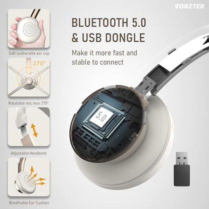 Wireless Headset, Bluetooth Headphones with Microphone Noise Canceling & Mute, 5.0 Trucker Bluetooth Headset with Mic/USB Dongle for Cell Phone Computer Work Office Teams Meeting Call Center - color: Champagne Gold & White