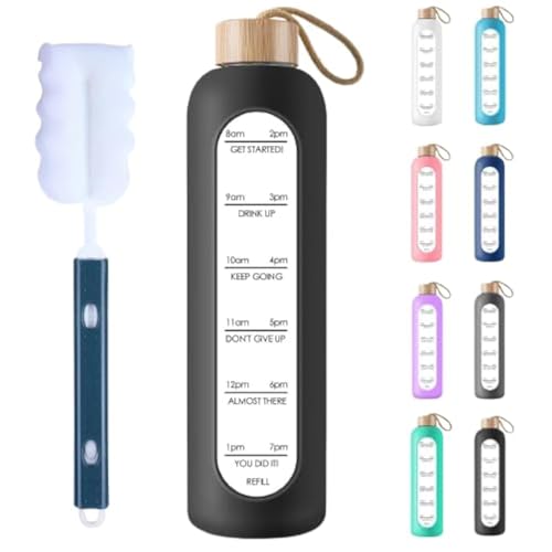 PROBTTL 32 Oz Borosilicate Glass Water Bottle with Time Marker Reminder Quotes, 1 Liter Leak Proof Reusable BPA Free Motivational Water Bottles with Silicone Sleeve and Bamboo Lid (Black) - color: Black, size: 32 Ounces