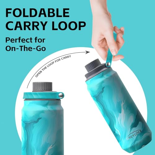GREYLOCK 40 oz Insulated Water Bottle with Straw Lid, Leakproof Reusable Stainless Steel Vacuum Flask, 24hr Cold & Hot, Carry Handle & Silicone Spout, BPA-Free for Gym, Hiking, Travel,Blue - color: Tides, size: 40 Ounces
