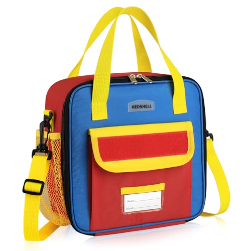 REDSHELL Lunch Box Kids, Large Insulated Lunch Bag for Boys Girls, Red Blue | Tactical Style, Cooler Lunchbag, Square Toddler Lunchbox, School & Daycare, Lunch Tote, Water Bottle Holder, Adjustable Strap - color: Red & Blue