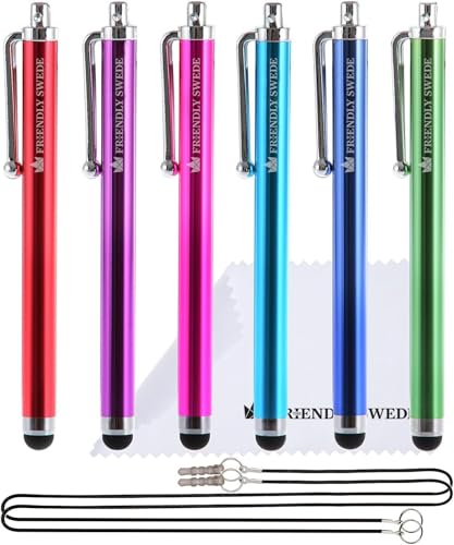 The Friendly Swede Stylus Pen for Touchscreen — 4.5" Stylus Pen for iPad, iPhone & Android - 6-Pack Including 2 x 15 Lanyards and Screen Cleaning Cloth - Red/Purple/Pink/Light Blue/Dark Blue/Green - color: Red/Purple/Pink/Blue/Green