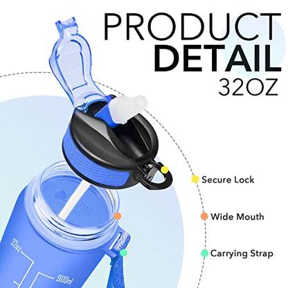 Hyeta Water Bottle with Straw & Time Marker, Plastic 32oz Leakproof | Motivational Tritan BPA Free Gym Office Outdoor Intake Tracker Hourly Reminder Straw Lid Carry Strap - color: Sea Level