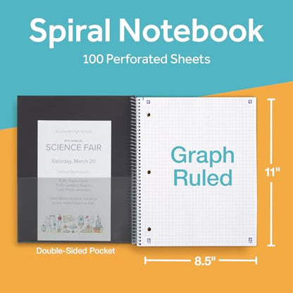 Oxford Spiral Notebook with Free Study App, 1 Subject, Graph Ruled, Ultra Smooth Paper, No Ink Bleed-Through, Strong Poly Black Cover, Durable 2 Sided Pocket, 100 Easy Perforated 8.5" x 11" Sheets - color: Black