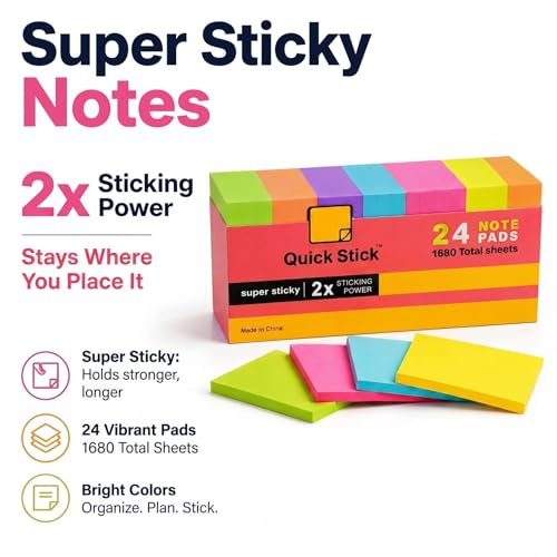 Sticky Notes, 24 Pads, 1680 Sheets Total, 3x3 in Bright Neon Colors, 2X Super Sticky Self-Stick Note Pads for Office, School, Home, Bulk Pack 70 Sheets Per Pad, Strong Hold Memo Notes