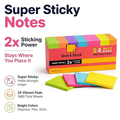 Sticky Notes, 24 Pads, 1680 Sheets Total, 3x3 in Bright Neon Colors, 2X Super Sticky Self-Stick Note Pads for Office, School, Home, Bulk Pack 70 Sheets Per Pad, Strong Hold Memo Notes