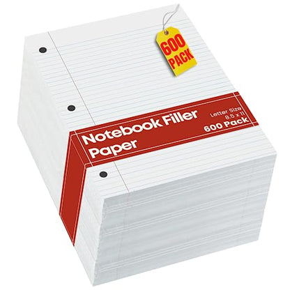 1InTheOffice Loose Leaf Paper College Ruled, Notebook Paper College Ruled, Lined Filler Paper, 3-Hole Punched, 8.5" x 11", Letter Size, 600 Pack