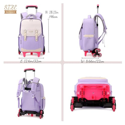 Pink Rolling Backpack for Girls Kids School Backpack with Wheels for Girls, Roller Trolley School Bags for Primary Students, Wheeled Bookbags on 6 Wheels, Pink - color: 6 Wheels Pink