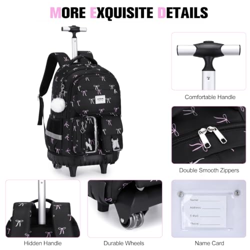 ACESAK Rolling Backpack for Girls, Roller Backpack with Lunch Bag & Pencil Pouch for Teen Girls Kids, Bookbag Backpack with Wheels for Women Elementary Middle High School Travel (Black Bow) - color: Black Bow