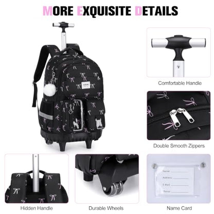 ACESAK Rolling Backpack for Girls, Roller Backpack with Lunch Bag & Pencil Pouch for Teen Girls Kids, Bookbag Backpack with Wheels for Women Elementary Middle High School Travel (Black Bow) - color: Black Bow