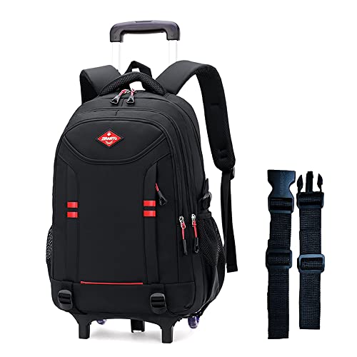 Rolling Backpack for Boys Elementary School Bag with Wheels Travel Trolley Bag 2 wheels and 6 wheels - color: Black/Red 2 Wheels, size: 2 wheels