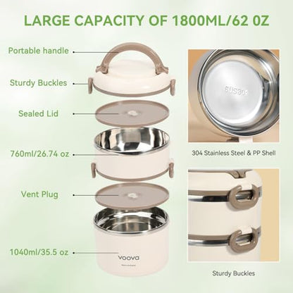 Voova Stackable Stainless Steel Thermal Lunch Box with Lunch Bag for Women Men Adult, 2 Tier Leakproof & Microwave Safe Insulated Bento Boxes Food Container for Work, Beige - color: Beige