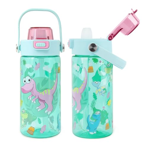 20oz Kids Water Bottle For School or Travel, Leak-Proof & Dishwasher, Durable Plastic Sport Water Bottle With Straw and Handle, Cute Donosaur - color: Green dinosaur