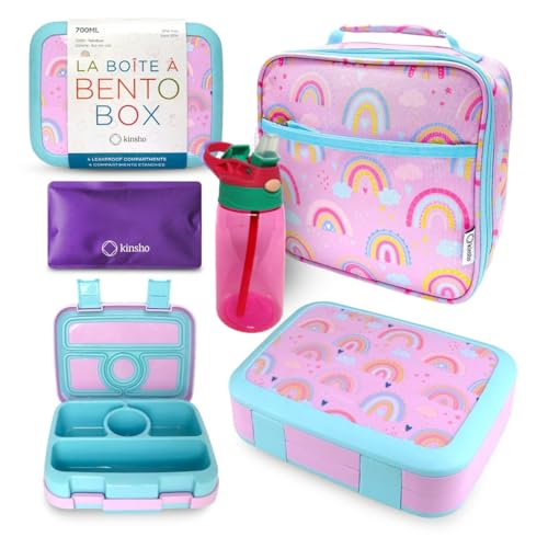 Bento Lunch Box with Insulated Bag, Water Bottle & Ice Pack Set for Kids Toddlers, 4 Portion Sections, Removable Tray, Pre-School Girl Kid Toddler Daycare Lunches, Snack Container, Purple Rainbow - color: Rainbow Set