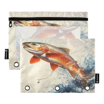 Retro Trout Beige Binder Pencil Pouch 3 Ring Clear Pouches with Zipper Pen Organizer for Office College School, 2 Pack - color: Multi-retro Trout Beige