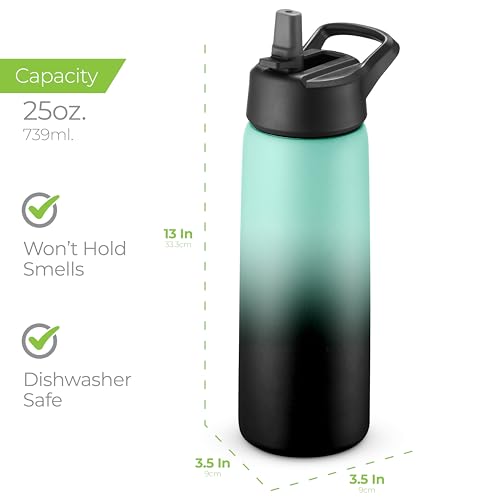 SipX™ 25 oz Insulated Water Bottle with 3 Lids – Leakproof Stainless Steel, Triple Insulated – Cold 24 Hours/Hot 12 Hours – Durable Bottle for School, Gym, Travel – Gradient Mint Black - color: Gradiant Mint Black, size: 25 Ounces