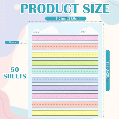 50 Sheets Multi-Color Raised Line Paper for Handwriting Practice, Wide Ruled Kindergarten Writing Paper, Double Sided, 8.5x11 inches