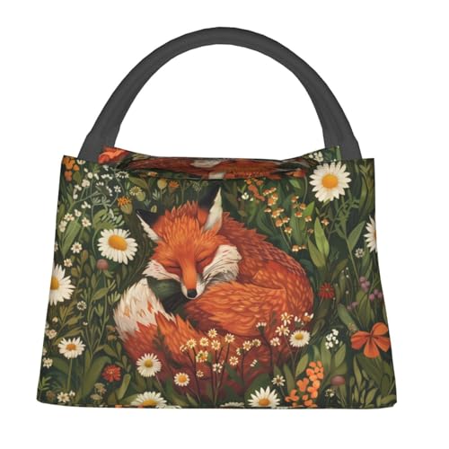 Sleeping Fox in Wildflower Meadow Lunch Box for Women Girls Insulated Green Foliage Daisies Lunch Bag for Work Picnic Camping Travel Gifts Cooler Large Capacity Thermal Reusable Tote Makeup Bags - color: Fox14