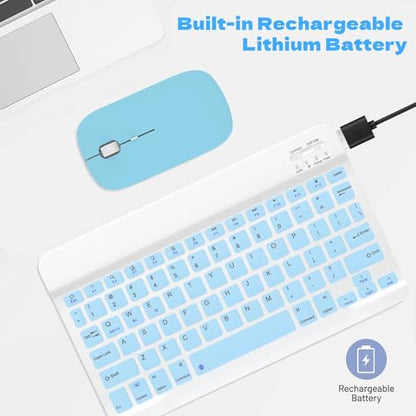 Bluetooth Keyboard and Mouse Combo, Qwert Layout Universal Ultra-Slim Wireless Keyboard Mouse Set for Android Windows iPad iPhone Samsung Tablet Portable Compact Keyboard Set, Light Blue - color: Blue