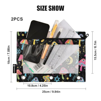 Mushroom Eyes Colorful Pencil Pouch for 3 Ring Binder 2 Pack Binder Pencil Case with Clear Window Pencils Bags with Zipper for Office School College Supplies - color: 23-Mushroom Eyes