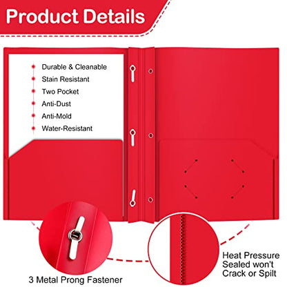 Heavy Duty Plastic Folder, 60 Pack, Pocket Folder with brads, Letter Size Poly File, Plastic Folders with 3 Prongs Fasteners - Red - color: Red, size: 60 PACK