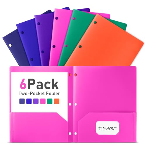 Timart 2 Pocket Folders, 3 Hole Punched Folders with Pockets, 6 Pack | Heavy Duty Plastic, For 3 Ring Binder, Fit 8.5" ×11 Letter Size, Black to School Supplies, For Kids,Students,Teachers Office - color: Assorted Colors