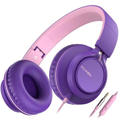 AILIHEN C8 Girls Headphones, On-Ear Headphones Wired with Microphone and Volume Control Foldable Corded Stereo 3.5mm Headset for Girls School Chromebook Laptop Computer PC Tablets Travel (Purple Pink) - color: Purple Pink, size: Medium
