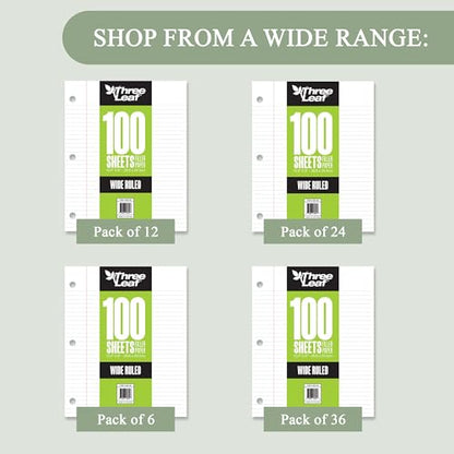 Three Leaf 100 Sheets Wide Ruled Filled Paper, 1728 Ct. (48 Cases X 36 Filler Paper), Loose-Leaf Sheets For School And Office 100 Ct. Filler Paper, Notebook Paper - color: Wide Ruled, size: Half Pallet
