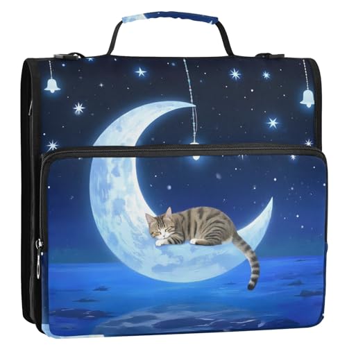 Cat Wind Chimes Moon 3 Ring Zipper Binder Bag Binder Organizer with Handle Shoulder Strap for School Work Office Supplies - color: Cat Wind Chimes Moon