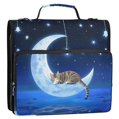 Cat Wind Chimes Moon 3 Ring Zipper Binder Bag Binder Organizer with Handle Shoulder Strap for School Work Office Supplies - color: Cat Wind Chimes Moon