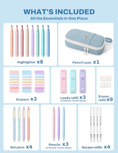 SUNEE 35PCS Aesthetic Stationery Set with Cute Pencil Case, Pastel Highlighters, Black Gel Pens, Mechanical Pencils & Refills, College School Supplies for Students Girls Blue - color: Blue, style: 35 Pack