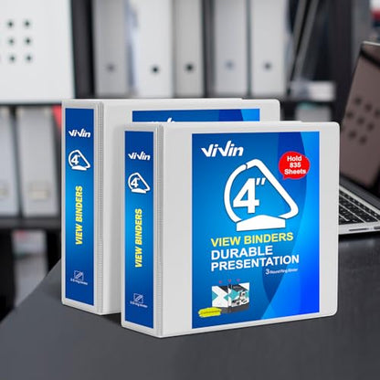 ViVin Durable 4 inch D Ring View Binder, Large 4" Slant-D Ring with 835-Sheet Capacity, Fit 8.5" x 11" Paper, 6 Pack(White) - color: White, size: 4 Inch, style: 6 Pack